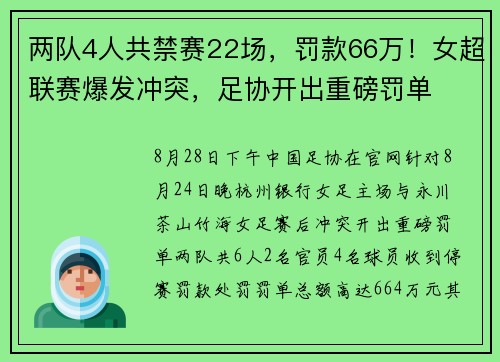 两队4人共禁赛22场，罚款66万！女超联赛爆发冲突，足协开出重磅罚单